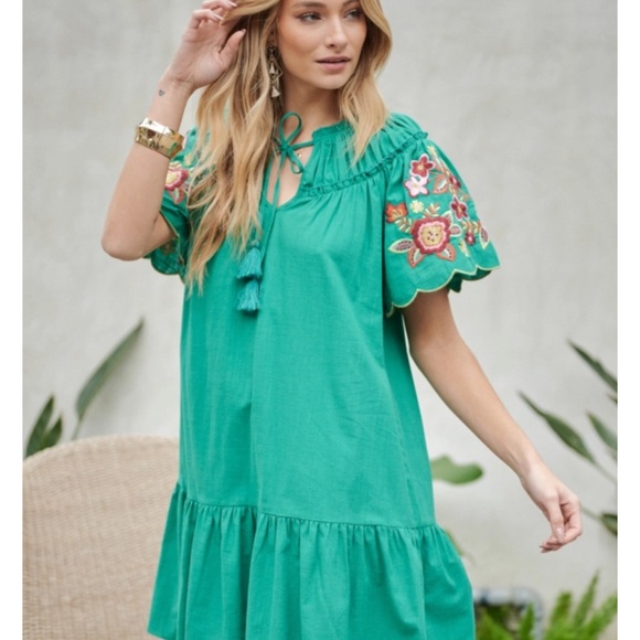 Bright Green Floral Embroidered Short Sleeve Tassel Tie Neck Flare Pocket Dress - Picture 15 of 17